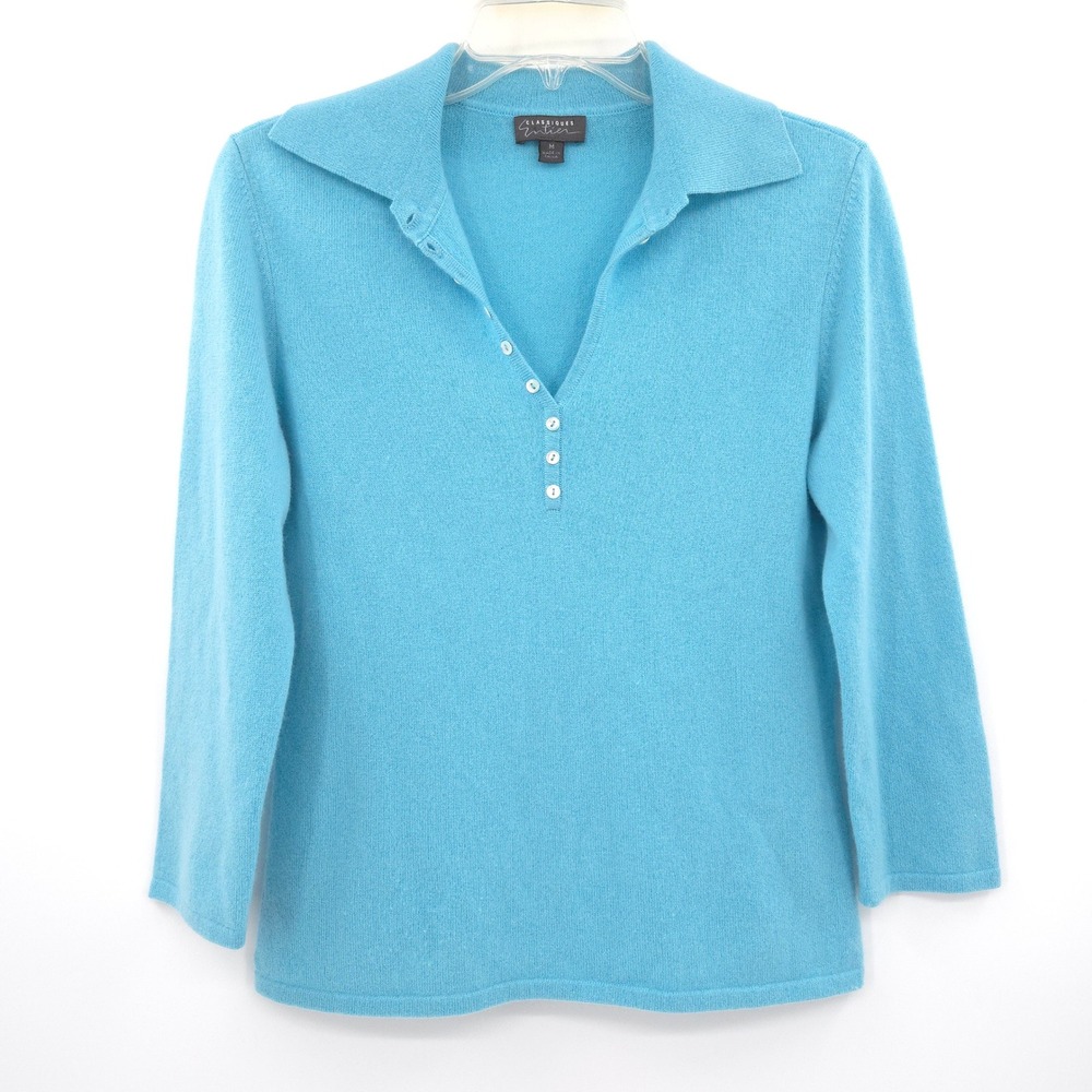 Classiques Entier Cashmere Sweater Womens Medium Blue Polo Henley Long Sleeve